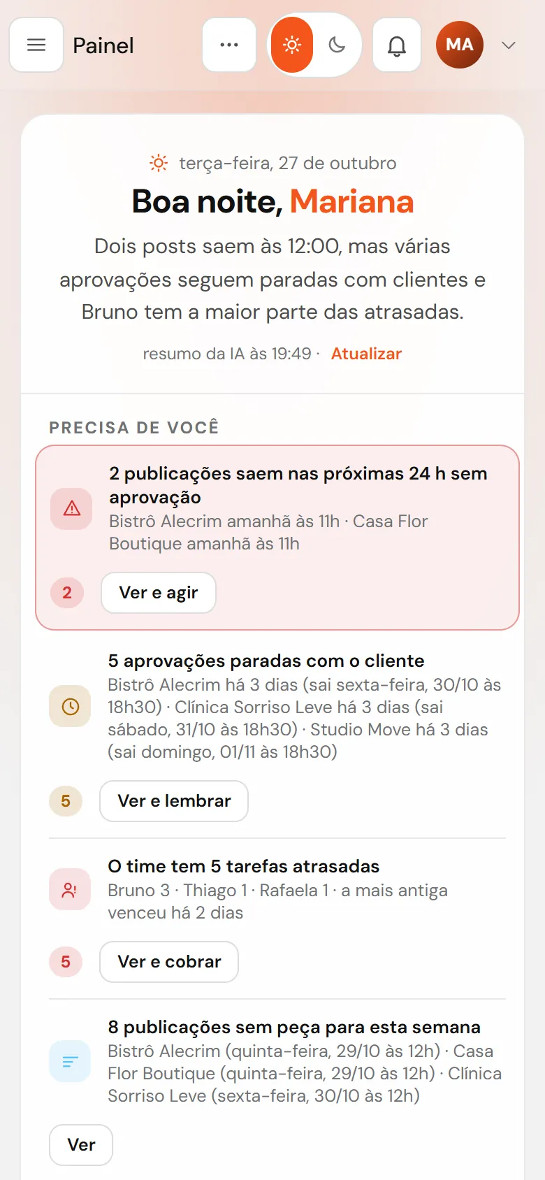 O mesmo Painel aberto no celular