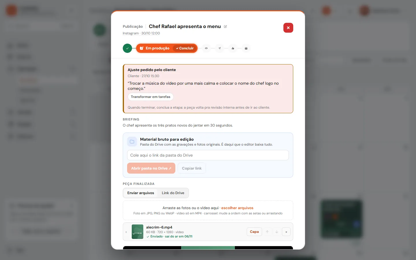 A publicação aberta, com o ajuste que o cliente pediu e o próximo passo à vista.