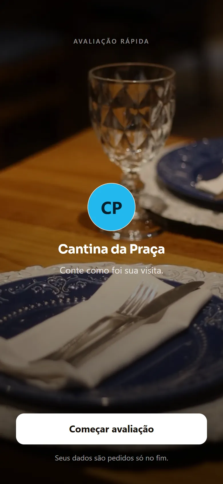 A abertura da avaliação no celular do cliente, com a foto do restaurante e o botão Começar avaliação